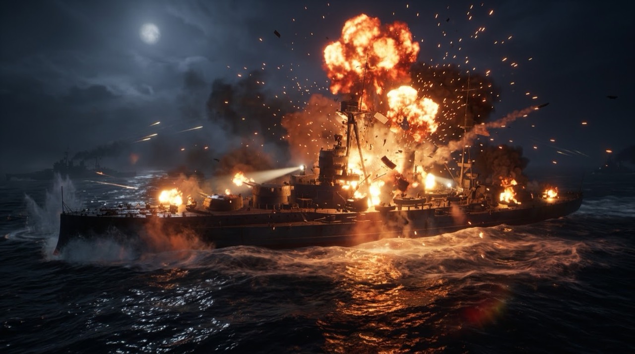 A warship illuminated by explosions on a moonlit sea