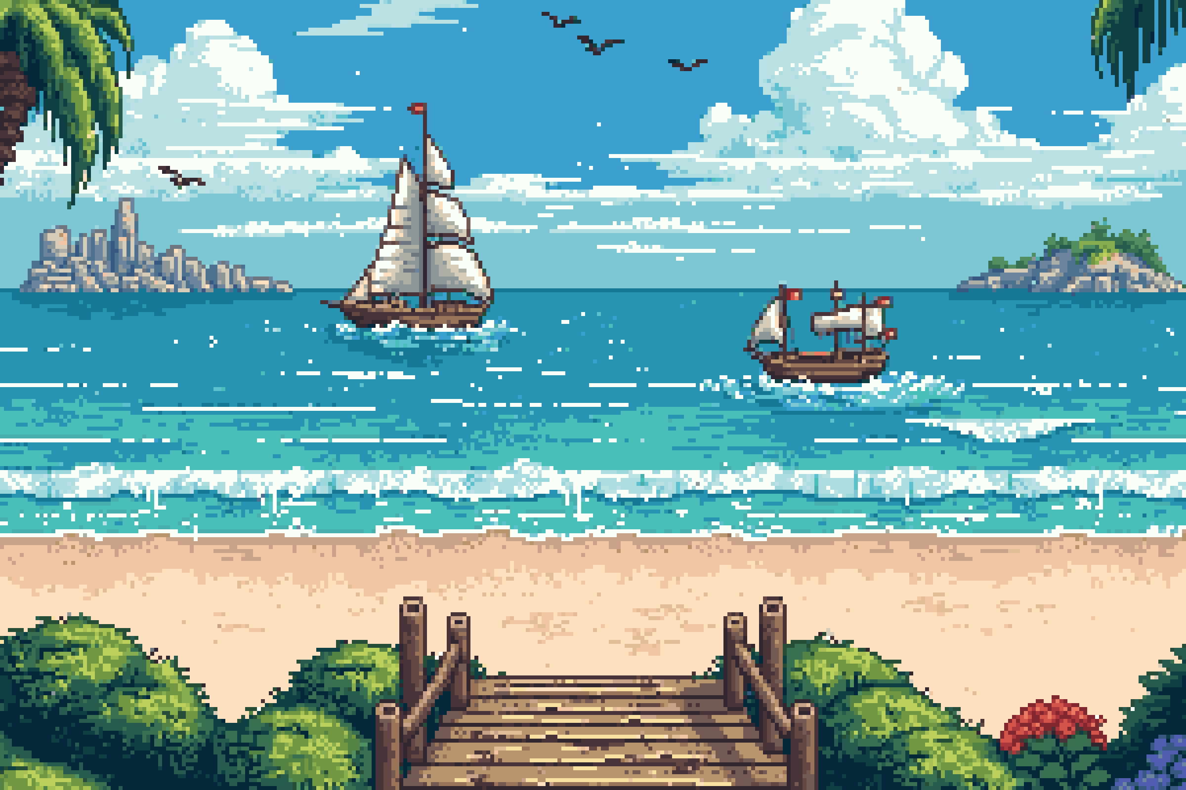 Pixel-art sailing ships arriving at a sunny island shore