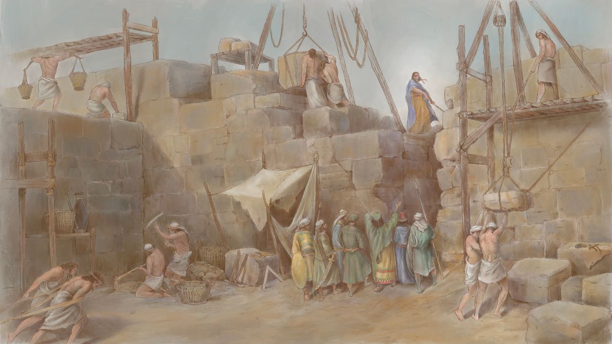 Nehemiah and the people working together to rebuild Jerusalem’s walls